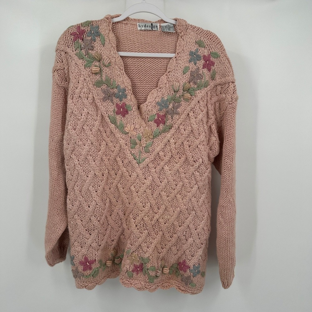 Womens Vintage Cottagecore Chunky Knit Sweater Sz L Shabby Chic Floral Romantic